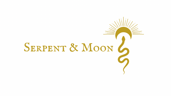 gold text reads serpent and moon with gold image of a serpent rising towards a crescent moon above it's head